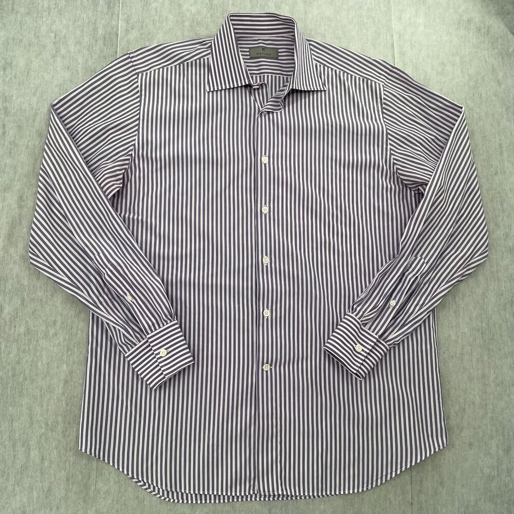 Canali Shirt Adult 16.5/42 Purple Stripe Button Up Long Sleeve Cotton Italy Mens